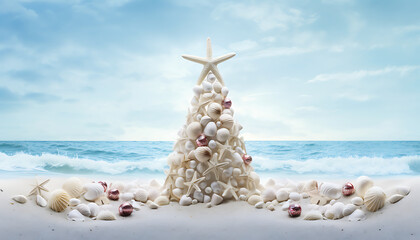 sea shells on the beach, A unique christmas tree made of shells on the beach perfect for advertising tropical holidays during christmasbanner with 