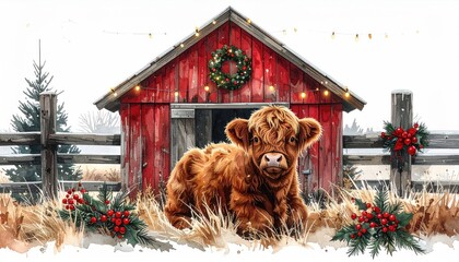Cute Fluffy Highland Cow Calf in Festive Barn Setting.