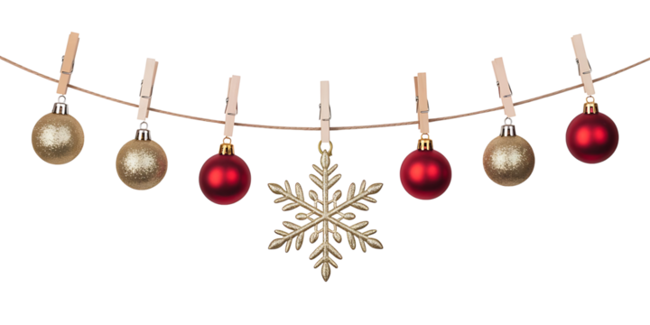 Christmas ornaments and snowflake hanging on rope isolated on transparent background - Powered by Adobe