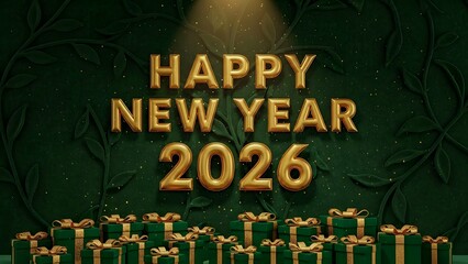 Luxury 2026 New Year Greeting with Gold Balloons and Green Gifts