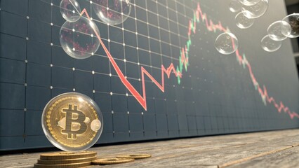 A visual representation of Bitcoin with a fluctuating market graph, showcasing rising and falling trends amid digital bubbles.