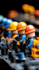 Fototapeta premium Close-up of toy construction workers wearing hard hats and working on assembling parts. Focus on the figures and their actions.
