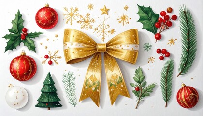 Watercolor Christmas Collection Featuring a Golden Bow, Ornaments, Holly, and Pine.