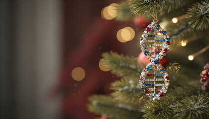 Decorative jewel DNA strand ornament on a Christmas tree with blurred lights in the background