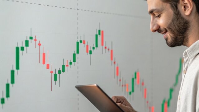 A man analyzes stock market trends on a tablet, with a colorful candlestick chart in the background displaying market fluctuations.