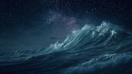 A mesmerizing night scene with ocean waves under a starry sky. The dark blue ocean with its powerful waves, crashing against each other