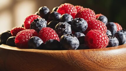Close up of a wooden bowl filled with fresh vibrant red raspberries and deep blue blueberries glistening with water droplets under soft natural light creating a healthy and refreshing food still life - Powered by Adobe