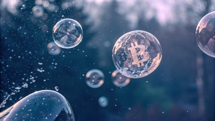 A collection of bubbles floating in the air, some featuring a Bitcoin symbol, creating a surreal and modern visual effect against a blurred background.