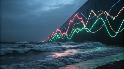 A vibrant display of colorful waves, representing data trends, contrasts with a stormy ocean backdrop.