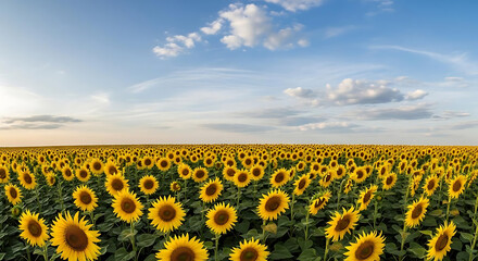 Expansive sunflower field under a partly cloudy sky at dusk stretching to the horizon line ai generated