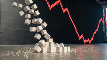 A dynamic visualization of cubes falling against a backdrop of a fluctuating red line graph, symbolizing market trends and data analysis.