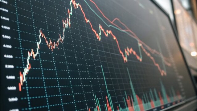 A close-up view of a financial chart displaying market trends, featuring a fluctuating line graph with colorful bars indicating trading volume.