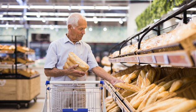 Elderly Man Choosing Fresh Bread in Supermarket Bakery