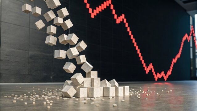 A dynamic visualization of cubes falling against a backdrop of a fluctuating red line graph, symbolizing market trends and data analysis.
