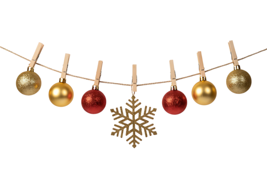 Christmas garland of ornaments and snowflake isolated on transparent background - Powered by Adobe