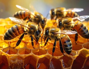 Close-up of bees on honeycomb, highlighting the intricacies of beekeeping