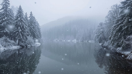 Snow falls quietly over a calm river, surrounded by snowy trees and misty mountains in the distance