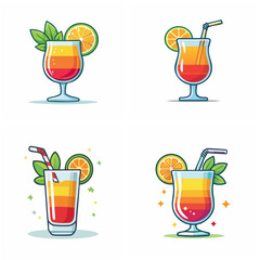 Colorful cocktail illustrations collection featuring fruit slices straws and decorative green leaves against a clean white background