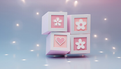 cute pastel pink cube stack with flower and heart icons