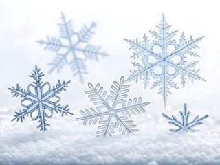Five delicate snowflakes on snow a winter scene perfect for holiday backgrounds and seasonal designs