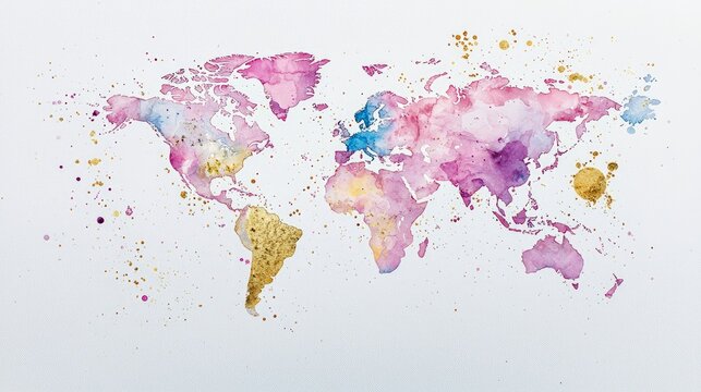 A colorful watercolor painting of a world map with gold accents on a white background.