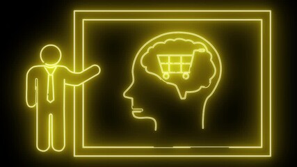 Neon yellow drawing man presenting a brain w shopping cart inside a rectangle against a black backdrop