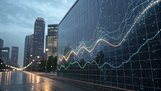 A modern cityscape featuring a digital wall displaying data trends, with tall buildings and a rainy atmosphere.