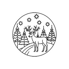 Reindeer in a snowy forest landscape with pine trees and snowflakes drawn in a circular outline isolated on white background isolated on transparent background
