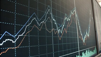 A dynamic financial chart displaying fluctuating trends, indicating market performance with distinct line graphs.