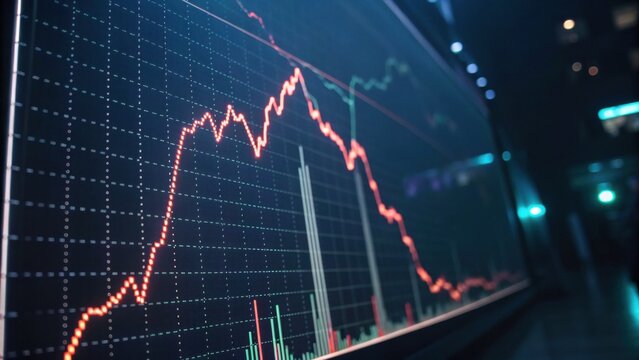 A financial graph displays fluctuating stock prices with red and green lines against a dark background, indicating market trends.