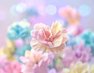 Dreamy pastel flowers soft-focus bokeh background, pink, blue, yellow, delicate petals
