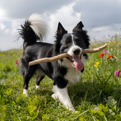 Obraz premium cute black-white Spitz playing with stick. Ai generated