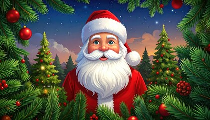 Santa Claus portrait surrounded by festive Christmas trees and winter night sky.