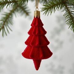 Red Glass Christmas Ornament Hanging on Tree &ndash; Winter Holiday Close-Up