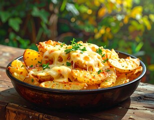 Delicious and tempting baked potatoes with cheese and herbs ready to eat now