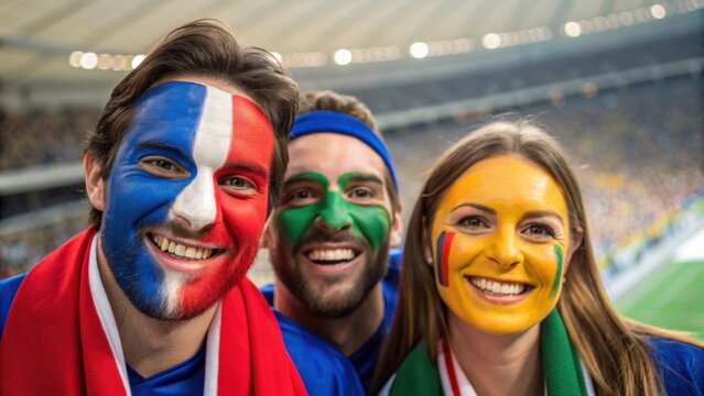 Three fans celebrate with colorful face paint and flags, showcasing their national pride at a sporting event.