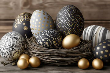 Easter eggs with black white gray and gold polka dot stripe swirl patterns in rustic nest on wooden table.
