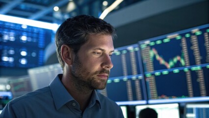 A focused professional analyzes stock market data in a modern trading environment, illuminated by multiple screens displaying financial graphs.
