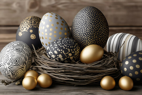 Easter eggs with black white gray and gold polka dot stripe swirl patterns in rustic nest on wooden table.