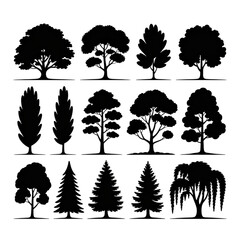 Assortment of white outline illustrations of various trees on black background