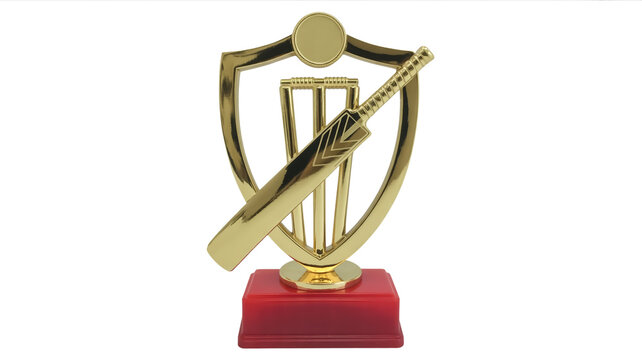 A gold-colored cricket trophy with a shield-shaped design mounted on a red plastic base