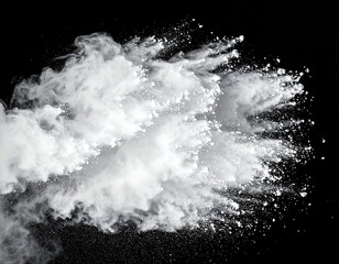 White powder explosion on a black background, dynamic burst of dust particles creating a striking contrast.