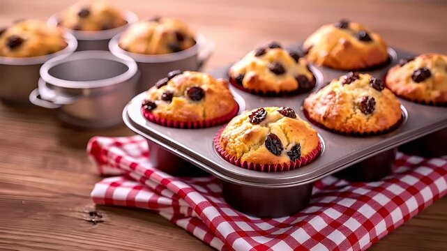 muffins with raisins in a muffin tin on a wooden table with a red and white checkered cloth underneath.