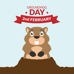 Cute groundhog illustration with a red ribbon banner reading &ldquo;Groundhog Day &ndash; 2nd February.&rdquo; Clean and modern design perfect for seasonal promotions.
