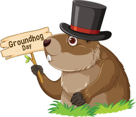 Elegant groundhog wearing a top hat and holding a Groundhog Day sign. Friendly and fun illustration on a clean white background for holiday designs.
