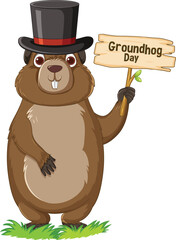 Elegant groundhog wearing a top hat and holding a Groundhog Day sign. Friendly and fun illustration on a clean white background for holiday designs.