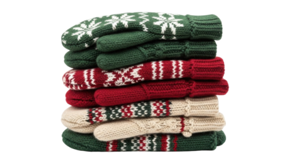 Isolated stack of hand-knitted woolen mittens with traditional snowflake patterns, winter clothes