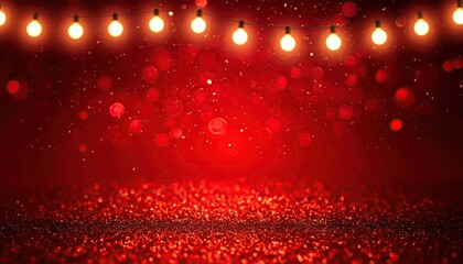 Festive red glitter background with glowing string lights and bokeh effect.