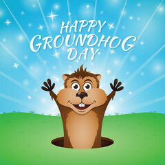 Happy cartoon groundhog popping out of its burrow with raised hands and a bright blue festive background. Joyful Groundhog Day celebration artwork.