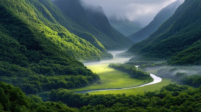 A scenic landscape featuring a river winding through a green valley surrounded by mountains and trees, with sunlight and mist enhancing the natural beauty.